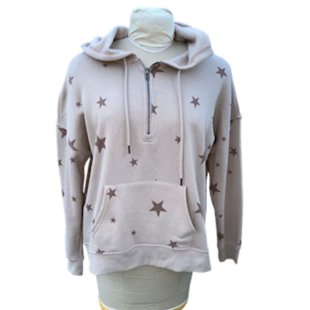 Hippie Rose Hoodie Star Kangaroo Pocket Drawstring Hood Quarter Zip Sz L Tan